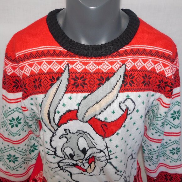 Looney Tunes Bugs Bunny Red White Fair Isle Holiday Christmas Sweater Mens L - Picture 3 of 6